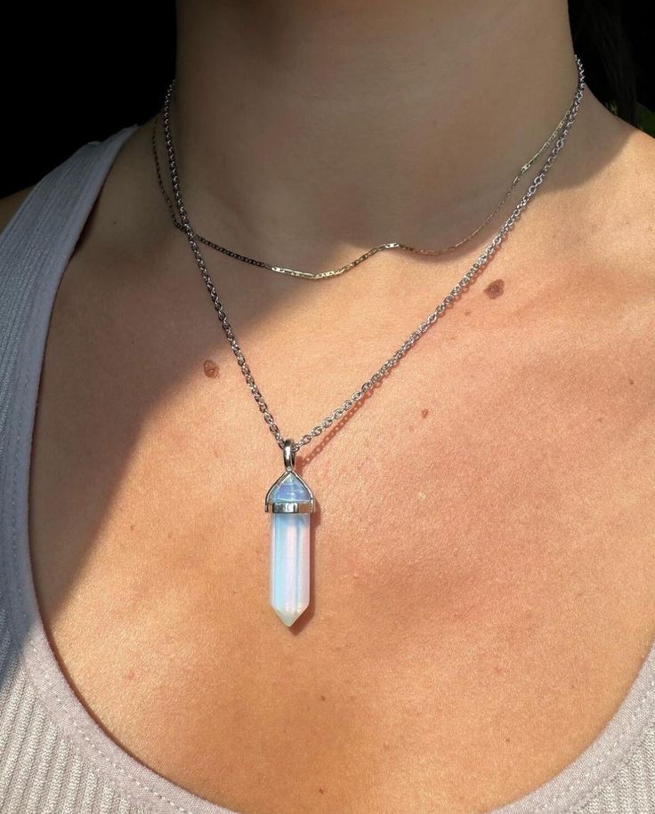 -Silver plated opalite pendant -Silver plated chain- tarnish resistant -Offered in multiple lengths Spiritual Silver Opal Necklace, Silver Moonstone Crystal Pendant Necklace, White Opal Spiritual Necklace, Silver Opal Minimalist Necklace, Silver Crystal Pendant Necklace With Silver Chain, White Stainless Steel Necklace With Silver Chain, White Stainless Steel Jewelry With Silver Chain, Nickel-free White Moonstone Necklace, Opalite Crystal Necklace