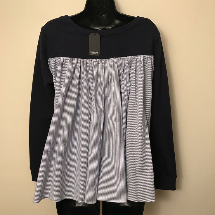 Only 2 Left. Firm Price. Nwt. Ships Same Day! The Deets. Kensie (Exclusively At Macy’s) Party In The Front, Business In The ... Back? Comfy And Chic All At Once! Features A Blend Between The Incredibly Comfy, Navy Blue Sweatshirt And A Pleated Pinstripe Shirt Tail On The Sides And Back. Styling Suggestions: Wear This Top On That Friday At Work When You're Ready For The Weekend, But Still Need To Give Off Professional Vibes -- Or With Jeans/Sneakers For A Preppy-Chic Look. Outdoor Phot: Mleej Navy Casual Blouse For Fall, Casual Navy Blouse For Fall, Striped Crew Neck Cotton Blouse, Navy Cotton Blouse For Fall, Navy Casual Blouse With Relaxed Fit, Striped Cotton Crew Neck Blouse, Striped Long Sleeve Top For Daywear, Casual Navy Relaxed Fit Blouse, Casual Navy Top For Daywear