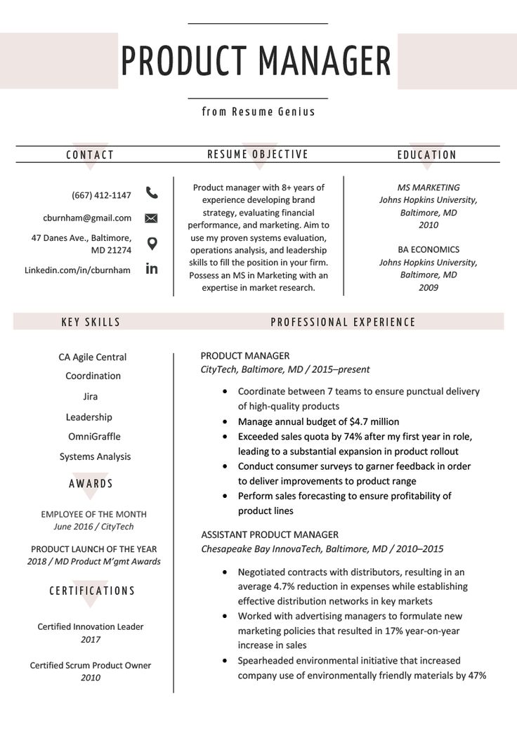 a professional resume template for a product manager