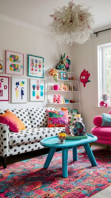 a living room filled with colorful furniture and pictures on the wall above it's coffee table