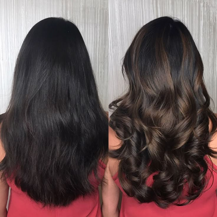 Partial Brown Balayage On Black Hair, Black Hair To Balayage Before And After, Highlight Bayalage Brunette, Dark Hair Lowlights Black, Dimension Dark Brown Hair, Partial Bayalage For Dark Brown Hair, Darkest Brown Hair Balayage, Dark Brown With Dimension Hair, Expensive Burnett Hair