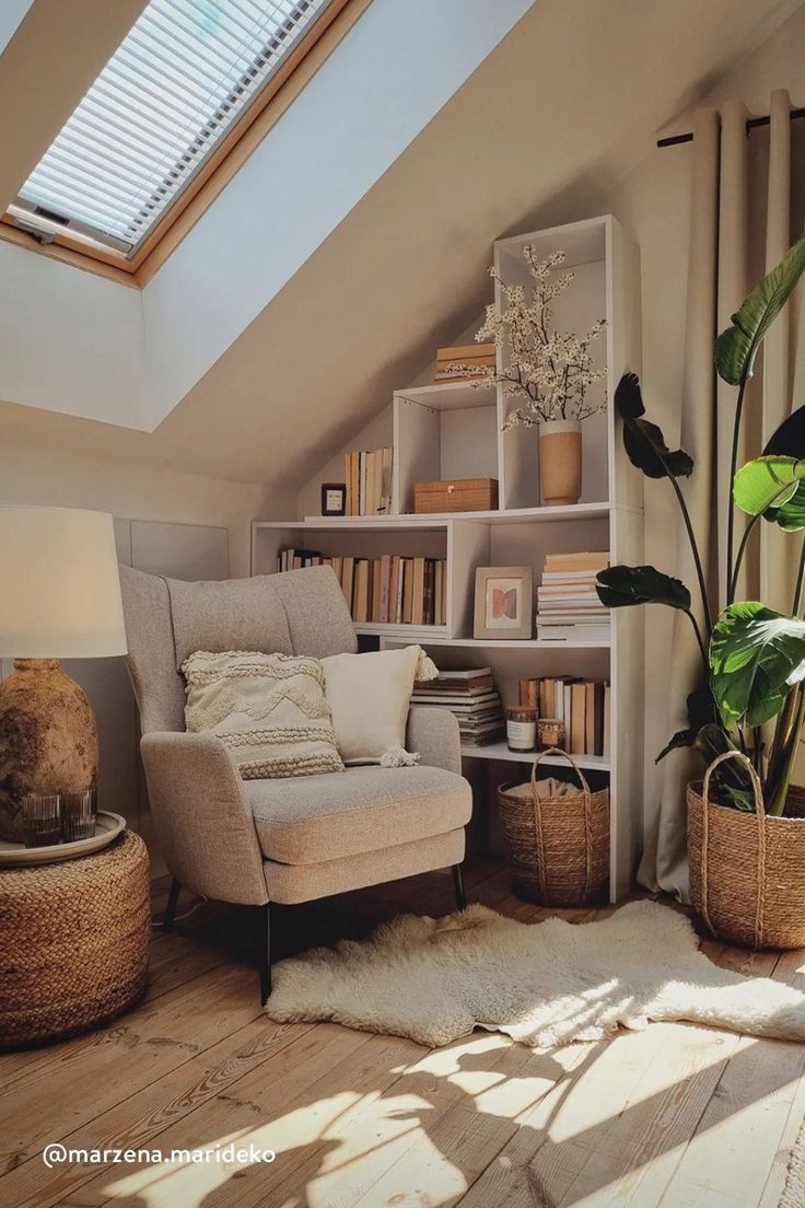 a room with a chair, bookshelf and potted plants