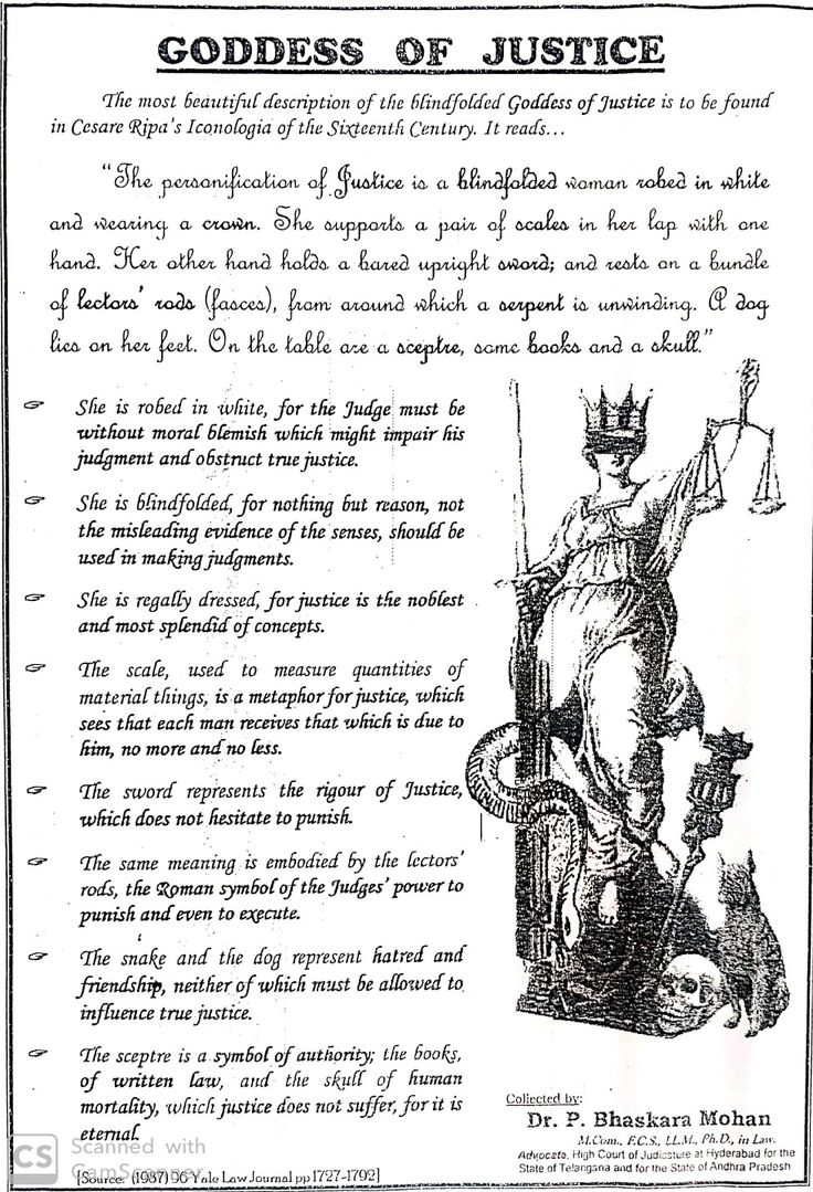 an old book with the title goddess of justice written in black and white on it