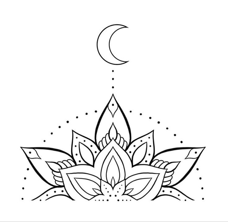 a black and white drawing of a lotus flower with the moon in the sky behind it