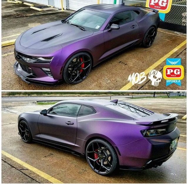 two pictures of the same car with different colors on it, one is purple and the other is black