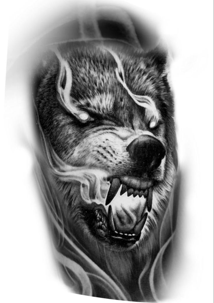 a black and white photo of a wolf's face with flames coming out of its mouth