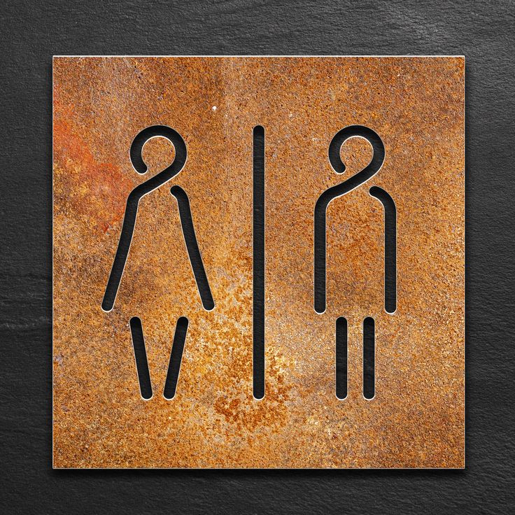 a rusted metal sign with an image of a man and woman standing next to each other