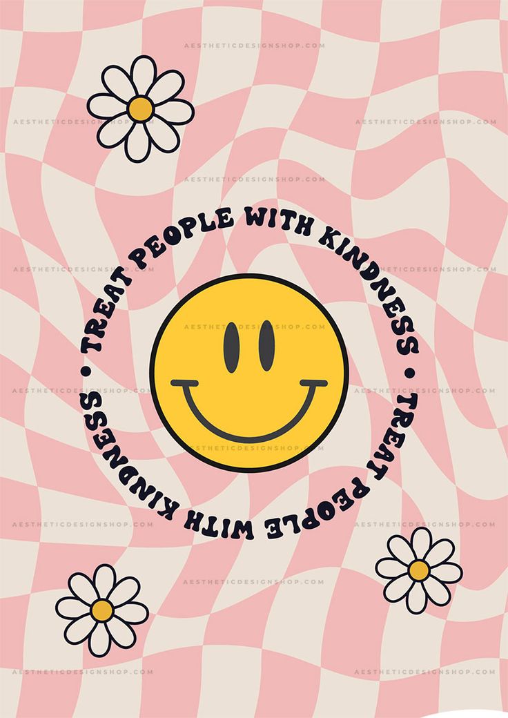 a pink and white checkered background with a smiley face in the center, surrounded by daisies