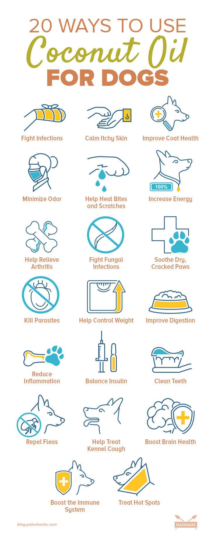 an info poster with the words 20 ways to use coconut oil for dogs on it