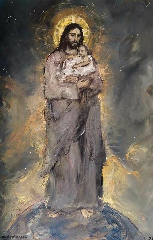 a painting of jesus holding a baby in his arms