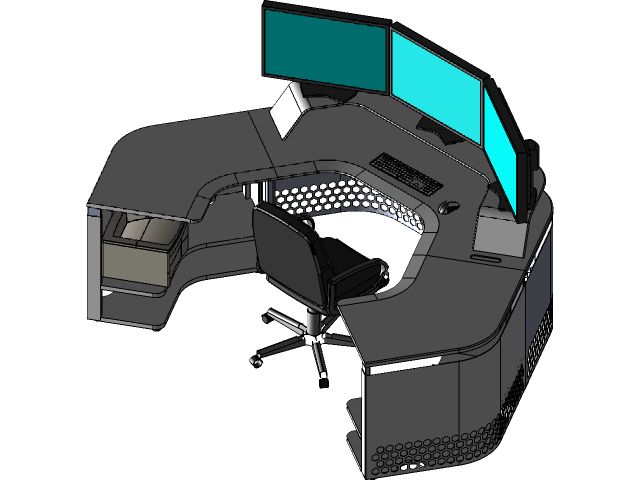 a computer desk with two monitors and a laptop on it's side, viewed from above