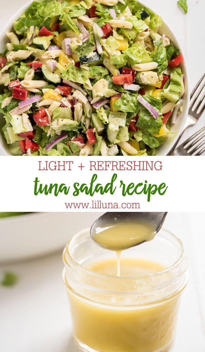 a white bowl filled with salad next to a jar of dressing and a spoon full of dressing