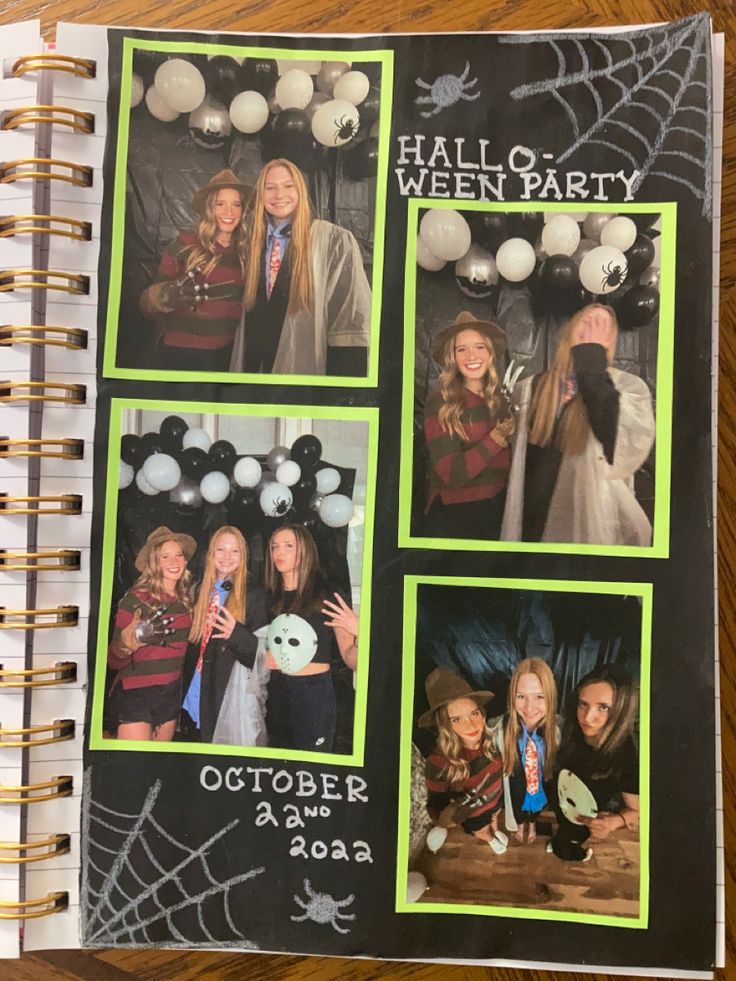 a halloween photo book with pictures of people in costumes and decorations on the cover, along with spider webs