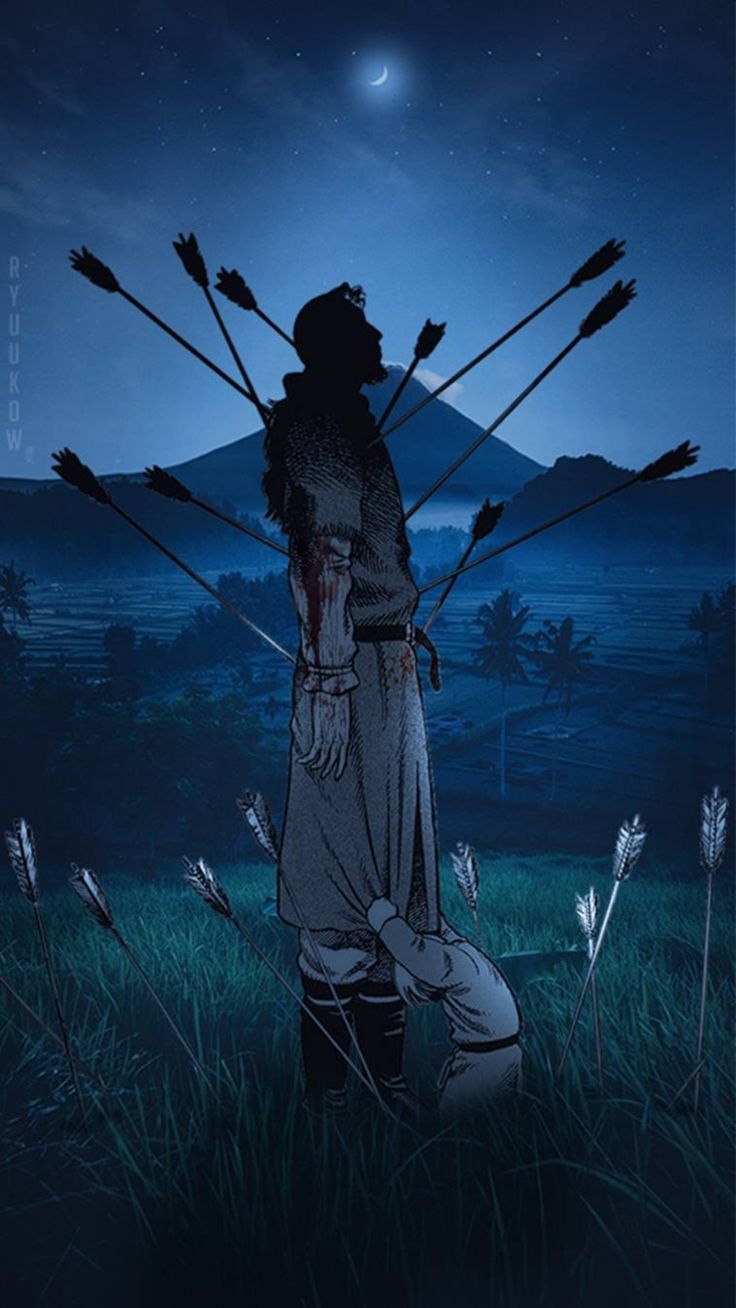 a person standing in the grass with arrows sticking out of their back's body