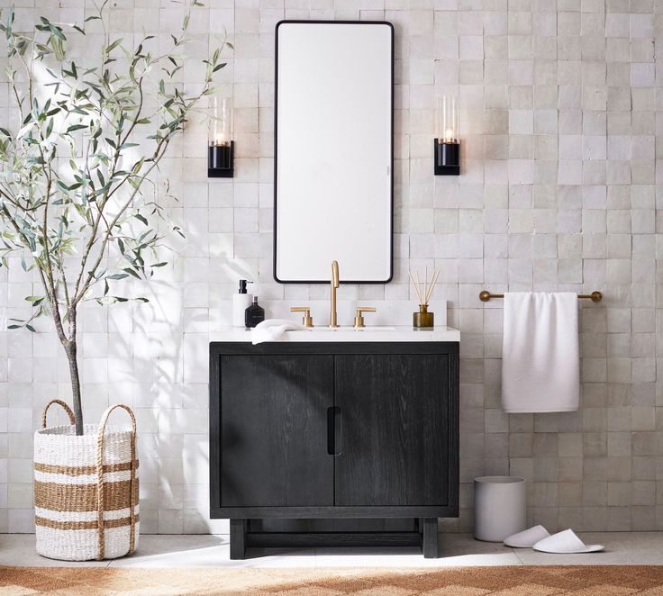 a bathroom with a sink and mirror next to a towel rack on the floor near a potted plant