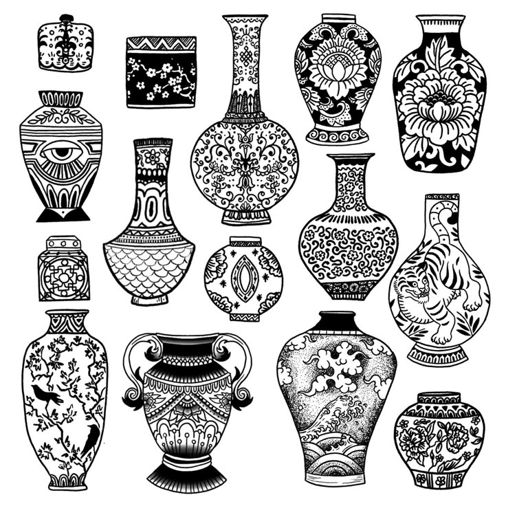 an assortment of vases are shown in black and white, each with different designs