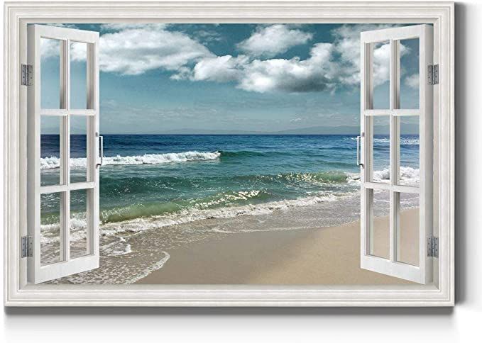 an open window looking out to the ocean and beach with waves coming in from it