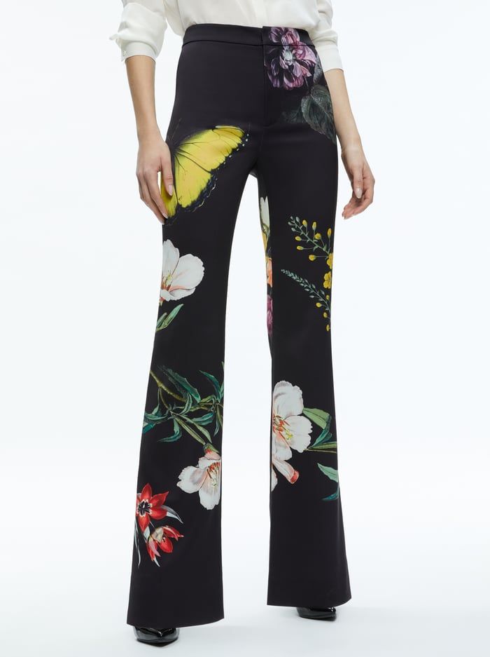 Ronnie High Rise Trouser In Essential Floral | Alice And Olivia High-waisted Floral Wide Leg Pants For Spring, Spring Floral Print High-waisted Wide Leg Pants, Spring Floral Print High Waist Wide Leg Pants, Elegant Printed Pants For Workwear, Chic Wide-leg Floral Print Pants, Chic Wide-leg Pants With Floral Print, Chic Floral Print Wide-leg Pants, Elegant Wide-leg Pants With Floral Print, Elegant Floral Print Wide-leg Pants