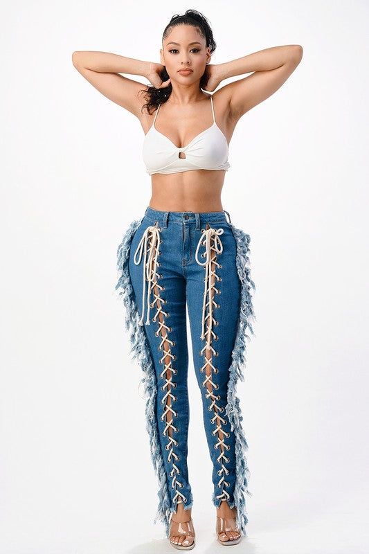 The jeans are an entire vibe. So fun and flirty. Quality denim with great "stretch" Medium Blue Denim High Rise Front Lace Up Denim Stretch Fabric 99% Cotton Stretch Dark Wash Denim Cargo Jeans, Stretch Dark Wash Cargo Jeans, Denim Blue Stretch Cropped Jeans, High Rise Denim Cargo Jeans With Frayed Hem, Stretch Denim Pants With Frayed Hem, Stretch Denim Blue Jeans With Frayed Hem, Trendy Stretch Denim Cargo Jeans, Stretch Denim Jeans With Frayed Hem, Mid-rise Cargo Jeans With Frayed Hem For Spring