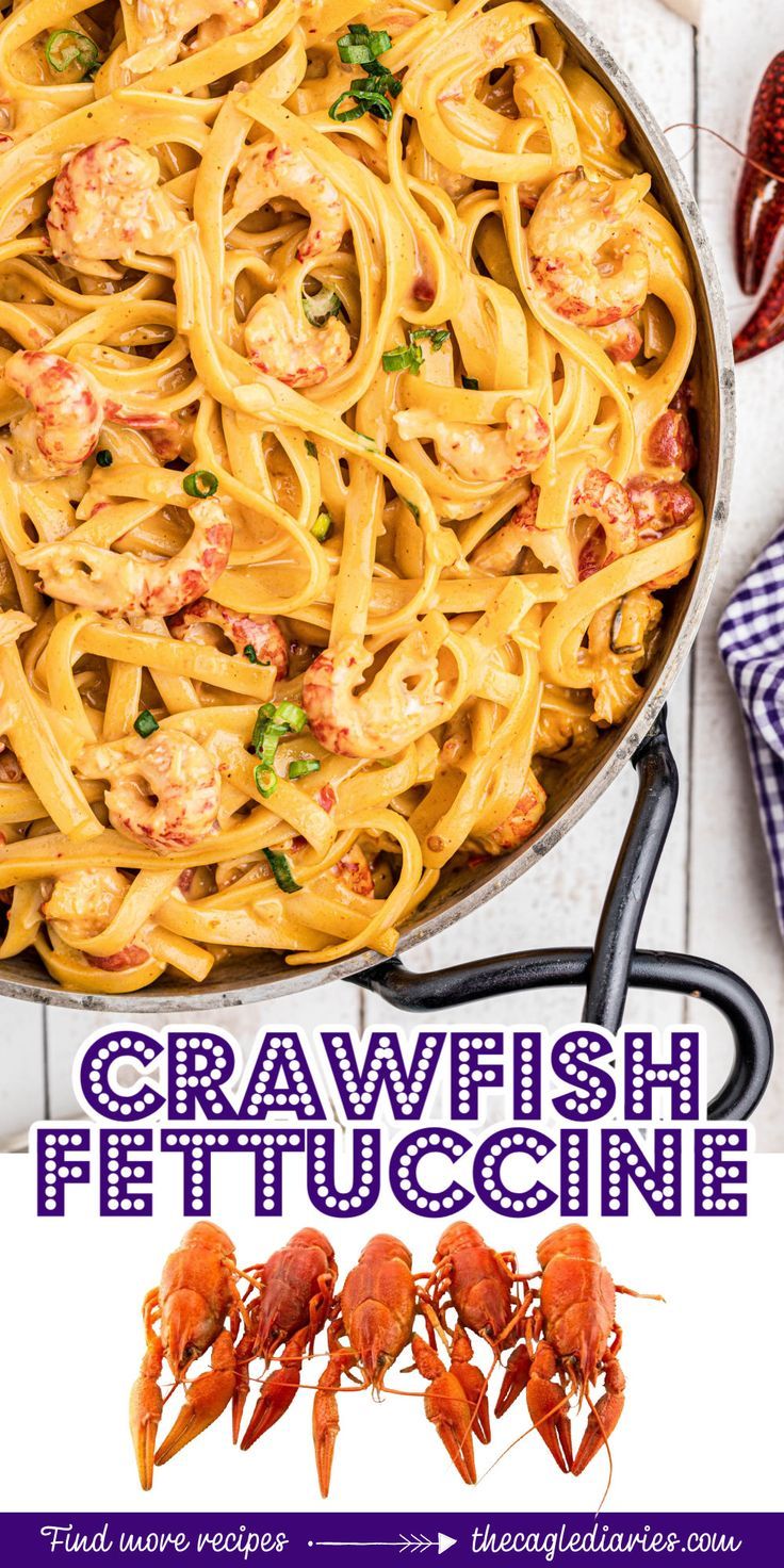 an image of a plate of pasta with lobsters on it and the words, crawfish pettuccine