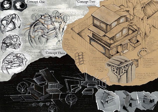 a collage of drawings and sketches depicting different things in the world, including a house