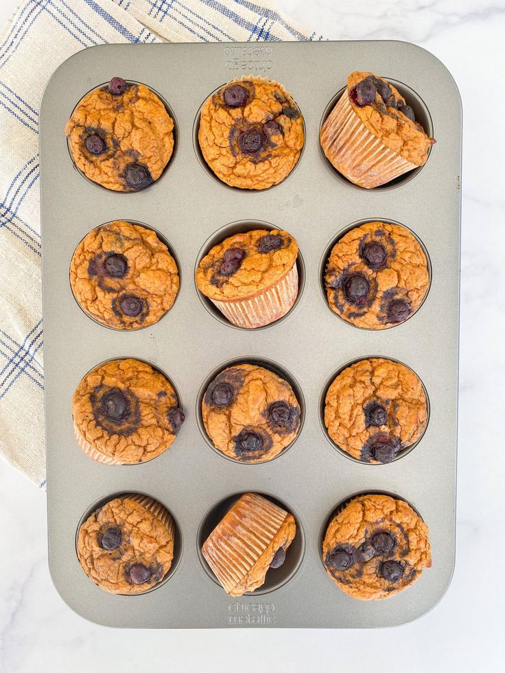 muffins with blueberries and chocolate chips in a pan