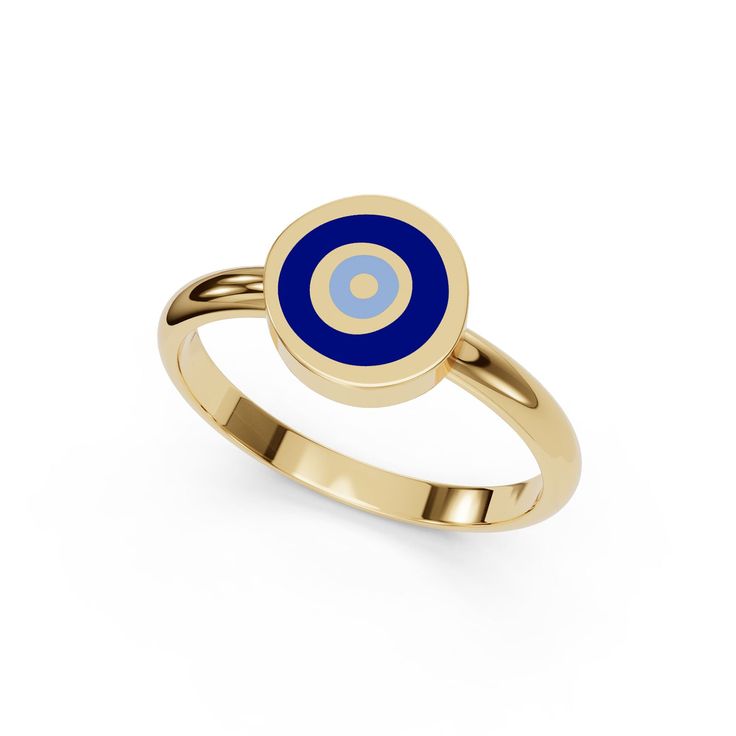 Indulge in the exquisite craftsmanship of our Gold Enamel Evil Eye Ring. Handmade with gold, this stunning ring features an enamel evil eye, adding a touch of color and protection to any outfit. Perfect for expressing your passion and unique style. Specifications Evil Eye Dimensions 8x9mm Material 14k Yellow Gold Enamel Vitreous - Cobalt Blue and Sky Blue Fine Jewelry Black Enamel Round Ring, Fine Jewelry Black Enamel Ring, White Gold Enamel Round Rings, Yellow Gold Polished Enamel Ring, Polished Yellow Gold Enamel Ring, Polished Enamel Rings In Fine Jewelry Style, Modern 14k Gold Enamel Round Ring, Yellow Gold Round Enamel Ring With Polished Finish, Modern Round Enamel Ring In 14k Gold