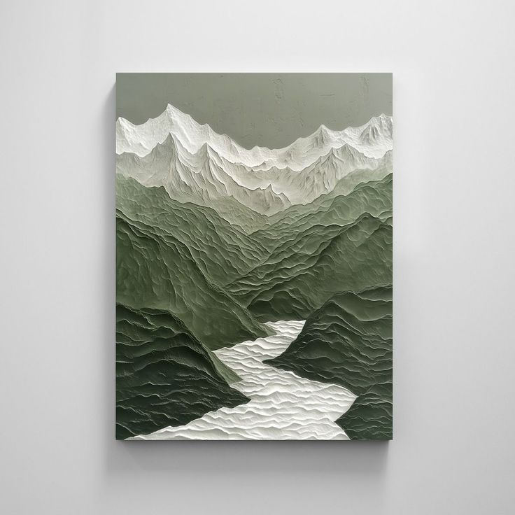 a painting with mountains and a river in the middle is hanging on a white wall