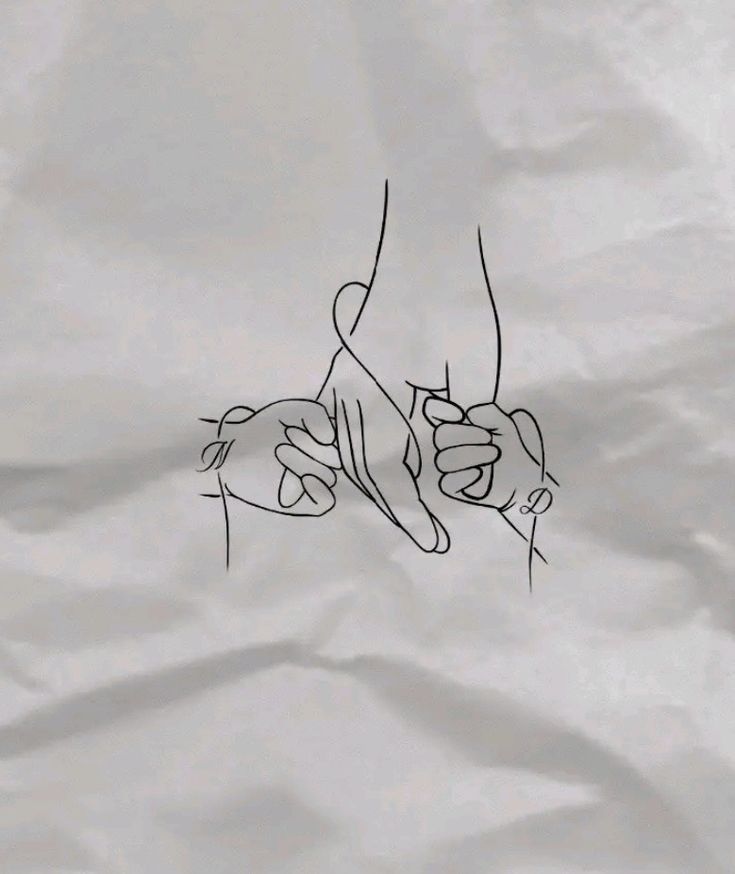 a drawing of two hands holding each other over a piece of white paper that is crumpled in half