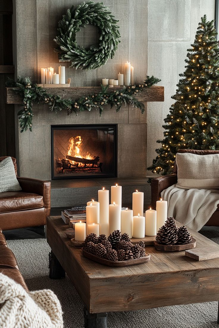 a living room filled with furniture and a fire place covered in christmas wreaths next to a fireplace