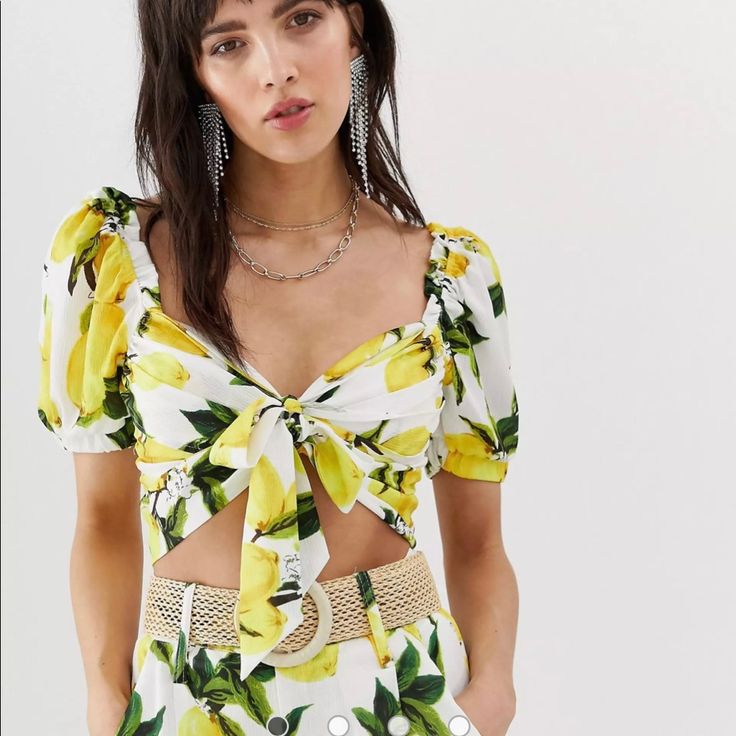 New With Tags And Bought On Asos. Size Medium Chic Yellow V-neck Crop Top, Yellow V-neck Crop Top For Day Out, Chic Yellow Summer Crop Top, Chic Yellow Short Sleeve Crop Top, Chic Yellow Crop Top For Summer, Chic Yellow Crop Top For Day Out, Yellow Short Sleeve Summer Crop Top, Casual Lemon Tops For Summer, Summer Yellow Top With Lemon Print