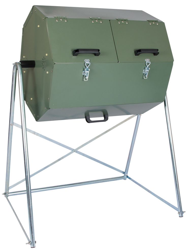 a large green cooler sitting on top of a metal stand with two doors and handles