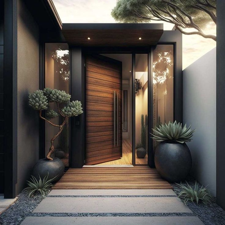 an entrance to a house with two large black vases on either side and a tree in the background