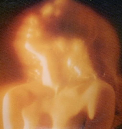 a blurry image of a naked woman with her head turned to the side and hands behind her back