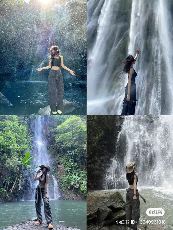 three different pictures of a woman standing in front of a waterfall with her arms outstretched