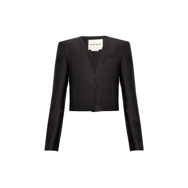 Roland Mouret taffeta jacket V neckline; concealed placket Long sleeves; button cuffs Chest welt pocket Straight fit Cropped length Polyester/silk Polyester lining Imported Luxury Black Cropped Jacket For Evening, Luxury Black Cropped Evening Jacket, Luxury Modern Black Cropped Jacket, Black Single-breasted Cropped Jacket With Lapel Collar, Luxury Black Single-breasted Cropped Jacket, Bergdorf Goodman, Roland Mouret, Product Description, Tops Designs