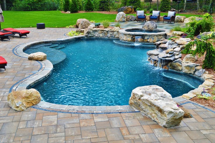 a backyard with a pool and patio furniture