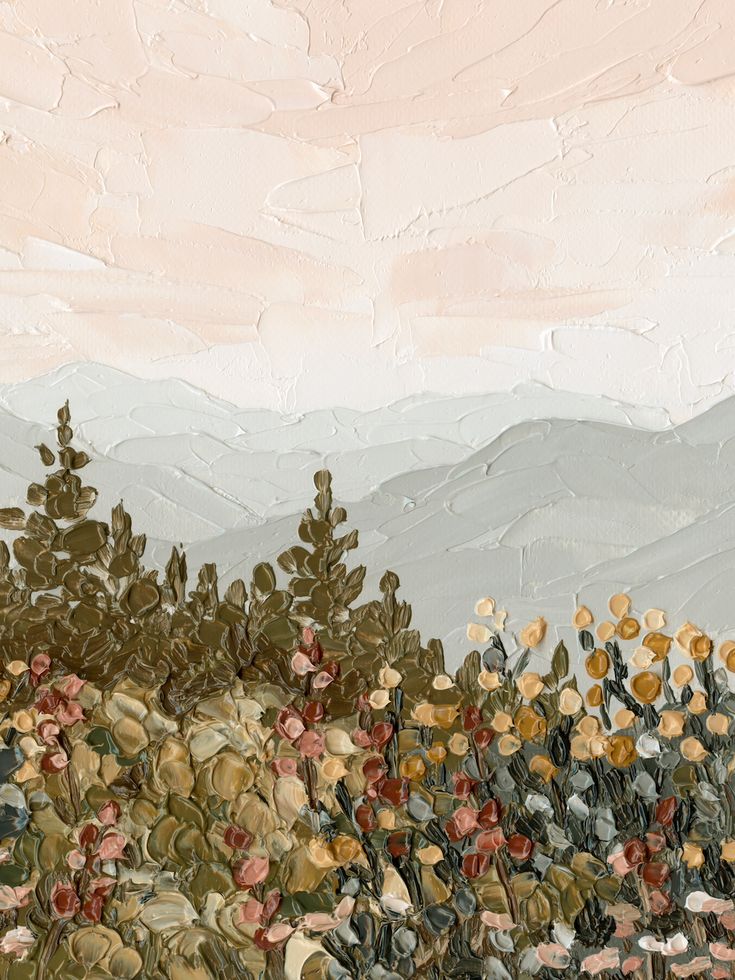 a painting of flowers and mountains in the background