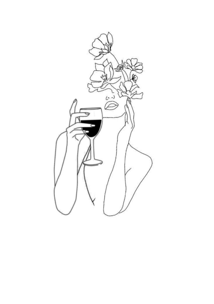 a woman holding a glass of wine with flowers in her hand on top of her head