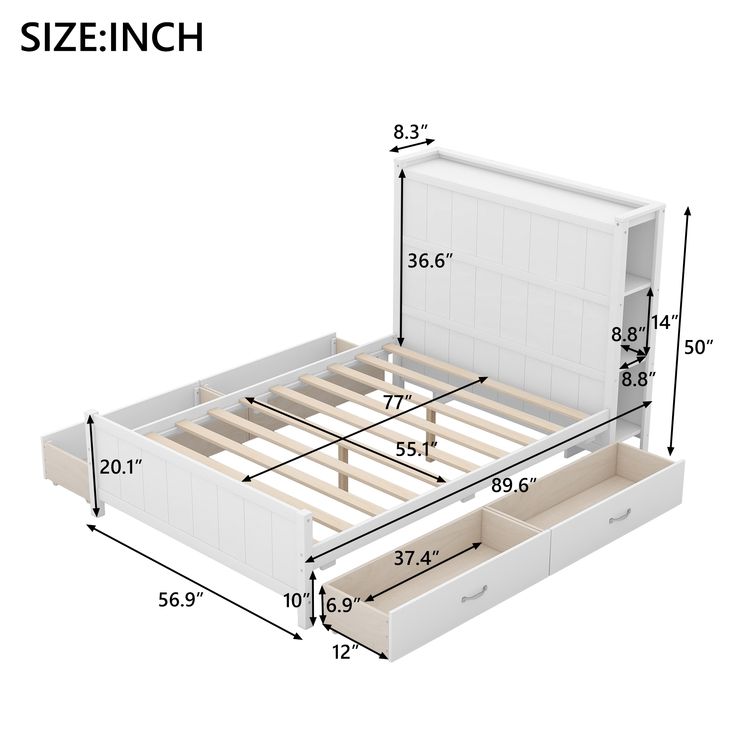 the measurements for a bed frame with drawers