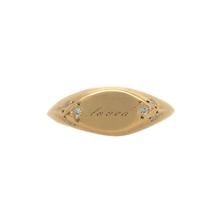 This 14k gold hand-carved ring has an engravable surface accented with 6 grain-set diamonds.  This ring can be ordered plain (with no engraving) or engraved - with one initial or up to 5 characters. In-stock ring: Accent stones: 6 white round diamondsMetal: 14k yellow goldBand type: knife-edgeSize: 6 3/4 - can be resiz Luxury Rose Gold Hallmarked Signet Ring, Luxury Rose Gold Signet Ring With Vs Clarity, Luxury Engagement Signet Ring With Open Design, Luxury Vintage Open Signet Ring, Luxury Vintage Signet Ring With Engraving Option, Luxury Vintage Signet Ring With Polished Finish, Modern Signet Ring, Cygnet Ring, Signet Ring With Stone