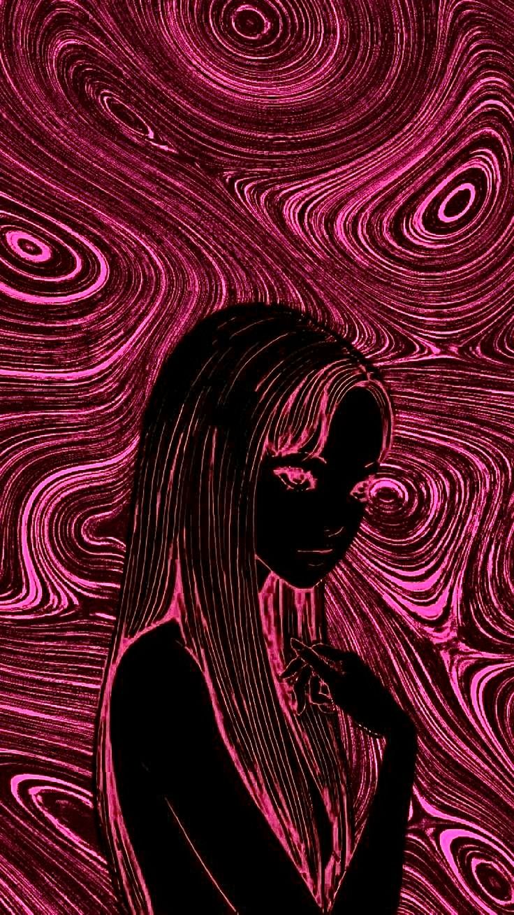 a drawing of a woman with long hair in front of a purple background and swirling swirls