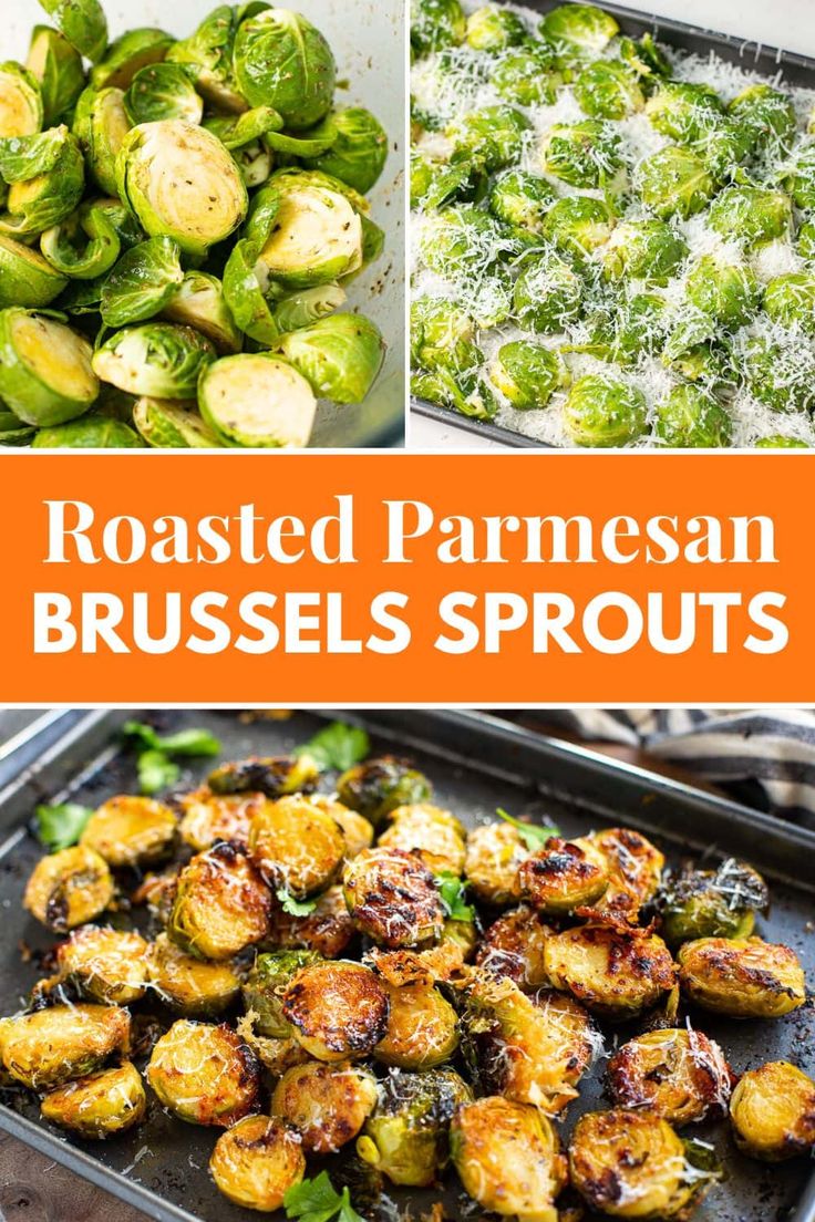 roasted parmesan brussel sprouts in pans with text overlay