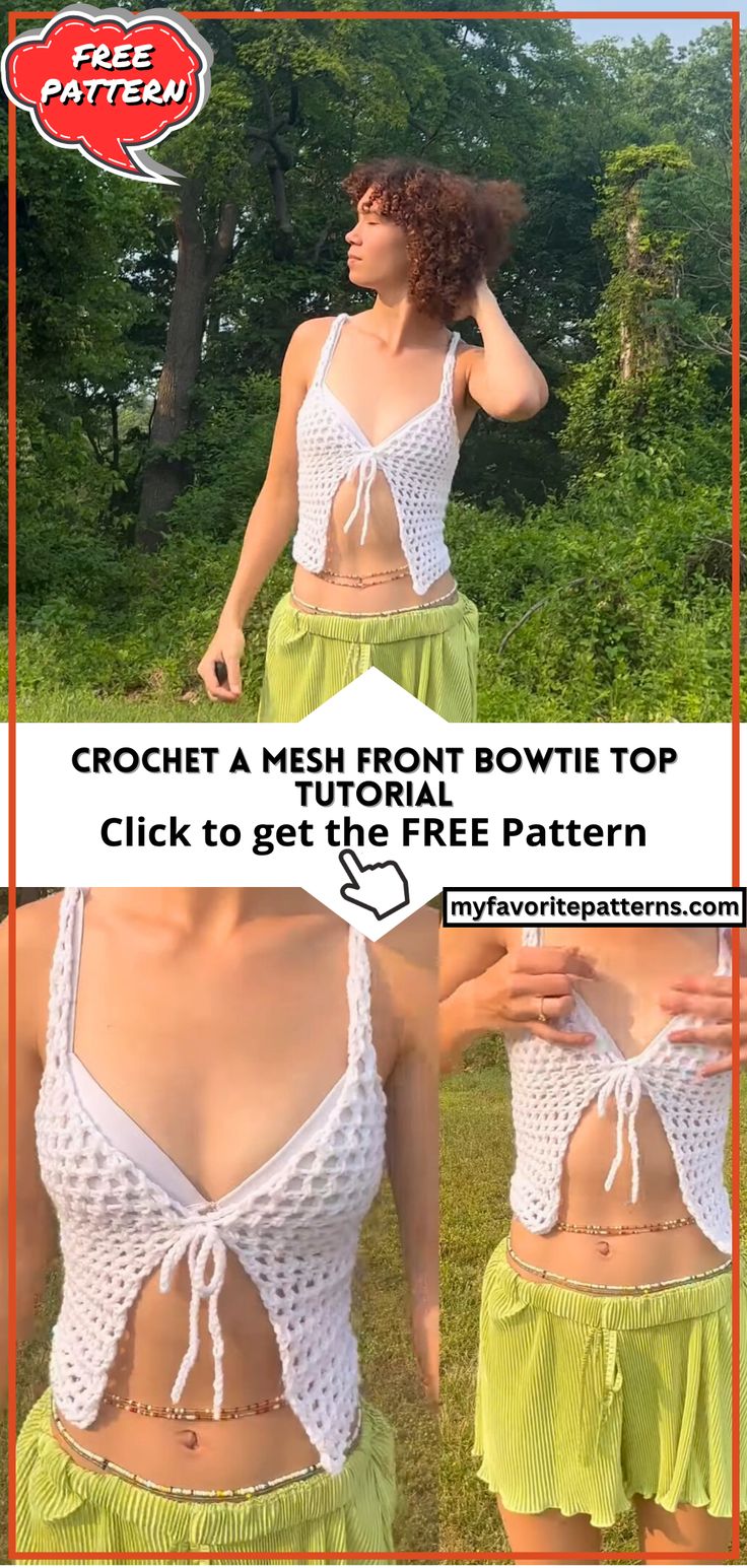 Crochet a Mesh Front Bowtie Top Tutorial Front Tie Crochet Top Pattern, Crochet Mesh Shirt Free Pattern, Crochet Mesh Tops Free Patterns, Crochet Wrap Top Pattern Free, Crochet Top Tutorial Videos, Crochet Tube Top Pattern Free, Easy Crochet Clothes Patterns Free, Crochet Mesh Top Pattern Free, Crochet Mesh Shirt