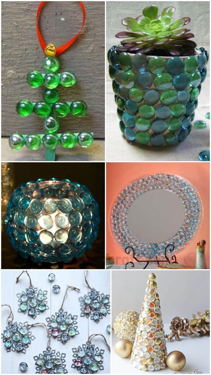 several different pictures with various items in them and some are made out of glass beads