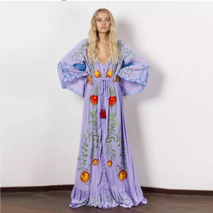 This Exclusive Maxi Dress Is An Authentic Masterpiece. It Is Made Of Cotton And Linen With Rich Handmade Floral Embroidery. It Has Adjustable Waist, V-Neck And Long Sleeves. It Is Just Like The 'Strange Magic Dress' For Almost $400 From Fillyboo And Free People. Unbranded 100% Cotton Embroidery Throughout Oversized & Designed To Fit All On Constant Restock. Ships In 8-10 Days! Purple Boho Dress, Bohemian Floral Dress, Flower Embroidered Dress, Embroidered Kimono, Bohemian Flowers, Mode Boho, Goddess Dress, Tassel Dress, Resort Dresses