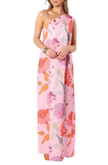 A mesmerizing floral print makes a stunning statement on a relaxed maxi dress fashioned in a one-shoulder silhouette for modern appeal. Hidden side-zip closure One-shoulder neck Sleeveless Unlined 100% polyester Hand wash, line dry Imported One Shoulder Feminine Maxi Dress For Summer, Feminine One Shoulder Floral Print Maxi Dress, Spring Pink Maxi Dress With Straight Neckline, Feminine One-shoulder Floral Maxi Dress, Pink Maxi Dress With Straight Neckline For Spring, Summer Maxi Dress With Floral Print And Straight Neckline, Feminine Vacation Maxi Dress, Spring Floral Print Pink One Shoulder Dress, Spring Pink One Shoulder Dress With Floral Print