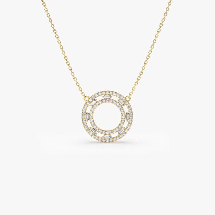 "Diamond Necklace 14k Gold / 14k Full Circle Baguette & Round Diamond Necklace by Ferkos Fine Jewelry * Made to Order * Gold Kt: 14K (also available in 18K) * Available Gold Color: Rose Gold, Yellow Gold, White Gold * Length & Width: 15 x 15 MM * Round Diamond: 68 Pcs 1.0MM * Baguette Diamond: 8 Pcs 2.25x 1.25MM * Diamond Carat Weight: 0.44 ctw * Diamond Color-Clarity: G Color VS/SI Clarity If you have any additional questions about this ring, just hit the \"Message Ferko\" button and we will get back to you within a few hours. ▶ See more of our Diamond Necklace - http://etsy.me/2mqa6O1 ▶ See our storefront here - http://etsy.me/2lUcVnH  ▶ All store sections here * Diamond Rings - http://etsy.me/2lwKUl8 * Diamond Earrings - http://etsy.me/2lyqVBP * Diamond Necklace - http://etsy.me/2mqa6O1 Gold Necklaces With Baguette Diamonds, Yellow Gold Baguette Cut Fine Jewelry Necklaces, Yellow Gold Baguette Cut Fine Necklaces, Yellow Gold Baguette Cut Necklace For Gift, Fine Jewelry Yellow Gold Necklace With Baguette Diamonds, 14k Gold Baguette-cut Fine Jewelry Necklace, 14k Gold Baguette Cut Fine Jewelry Necklace, 14k White Gold Necklace With Baguette Cut, 14k Yellow Gold Jewelry With Baguette Diamonds