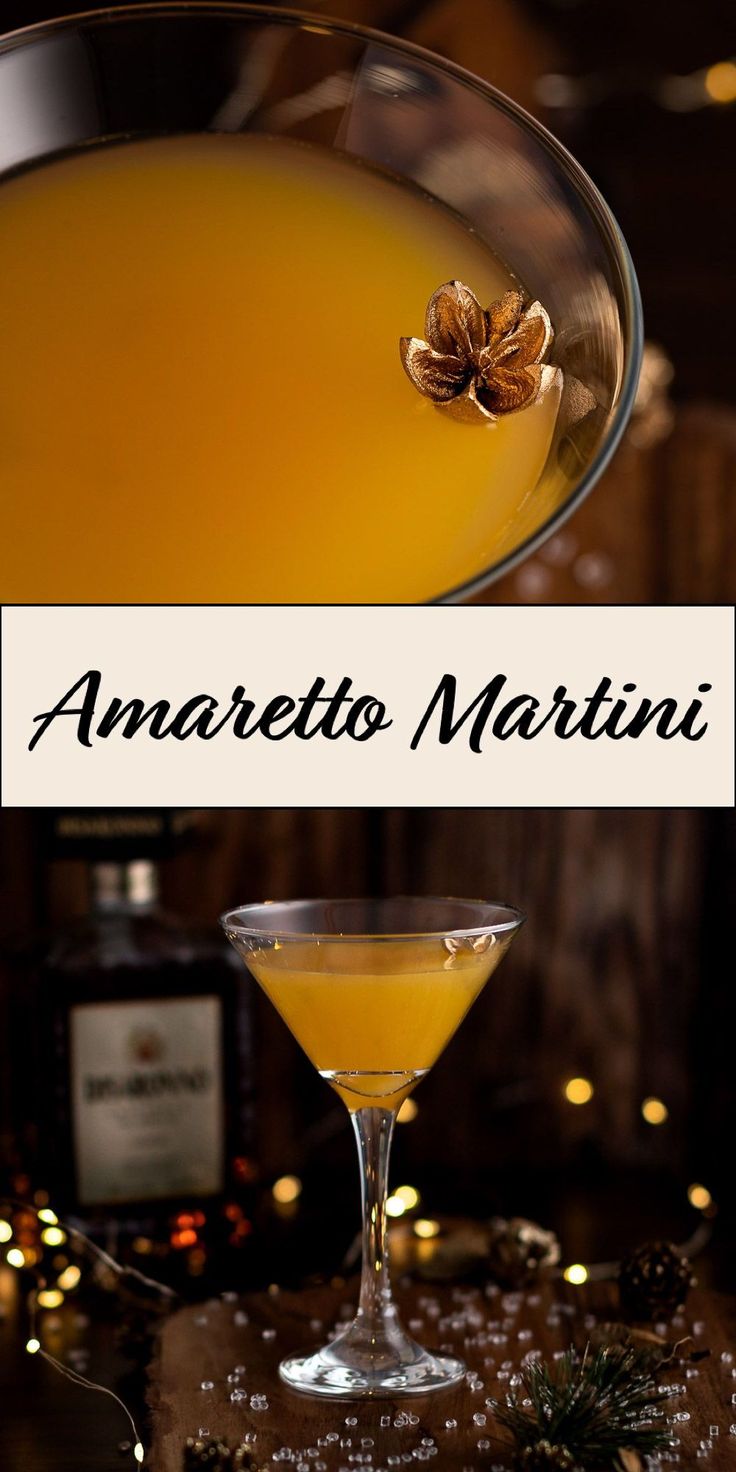 an amaretto martini in a coupe glass on a table with pine cones and cinnamons