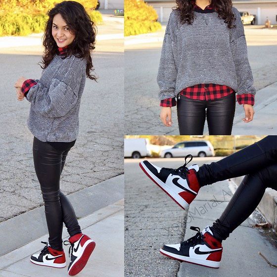 Red Black And White Sneakers Outfit, Red White And Black Jordans Outfit, Red Black White Jordan 1 Outfits, Ladies Jordans Outfits, Red Black And White Dunks Outfit, Black And Red Jordans Outfit For Women, Red And Black Dunks Outfit, Red Air Jordan 1 Outfit Women, Red Sneakers Outfit Women